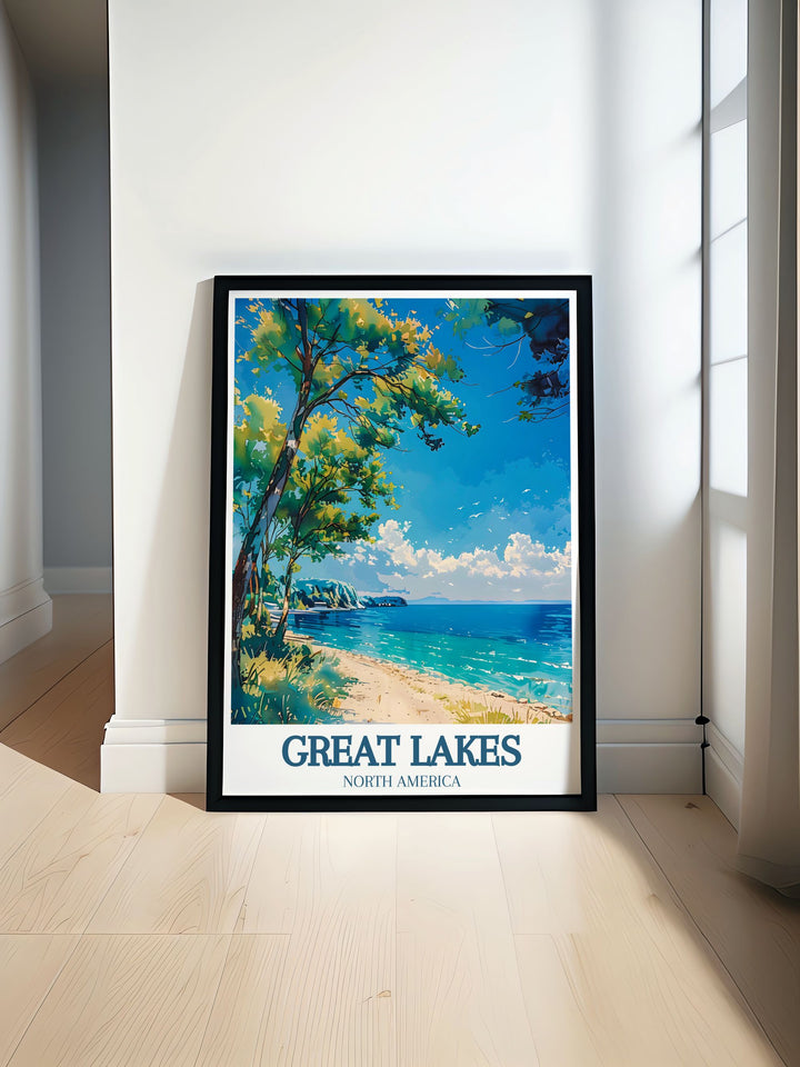 Showcasing the unique cultural landscape of Lake Erie, this travel poster highlights the lakes picturesque beauty and vibrant communities, perfect for enhancing any room.