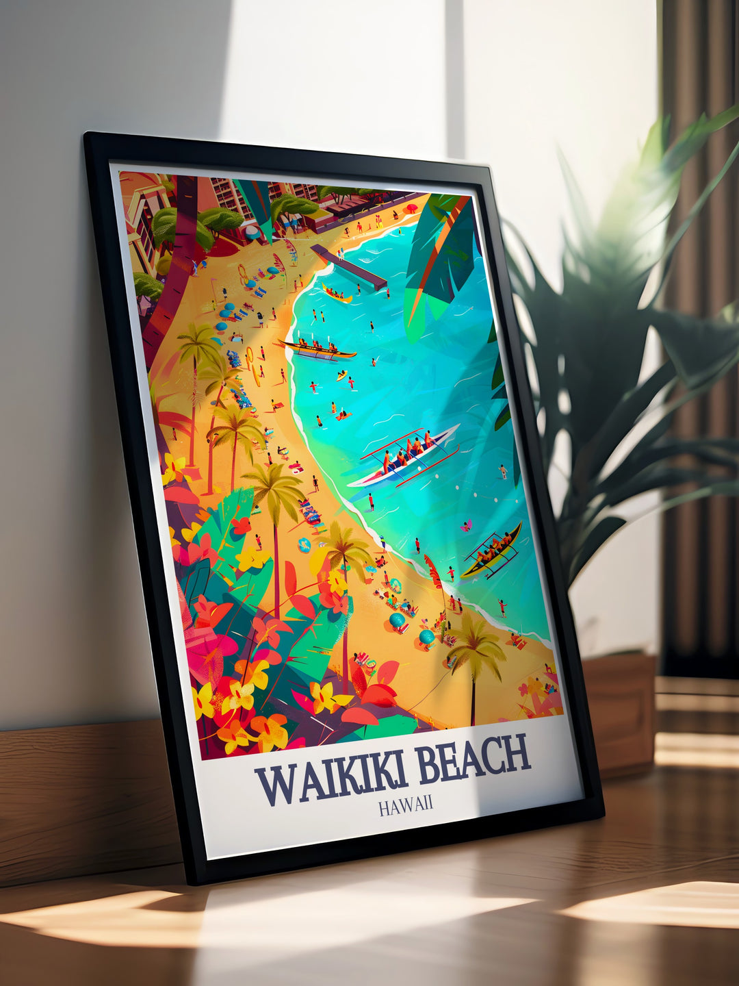 Pacific Ocean Framed Art showcases the endless horizon and gentle waves of Hawaiis Pacific waters. Ideal for nature enthusiasts and beach lovers, this framed piece adds a serene element to any room while celebrating the peaceful beauty of Waikikis coastline.