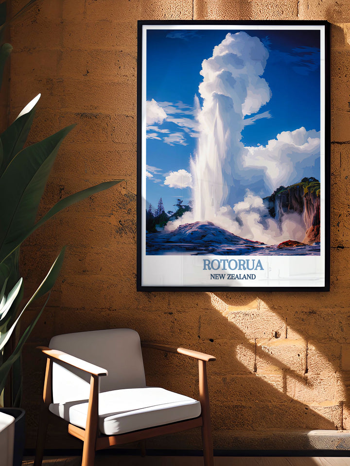 Captivating Te Puia decor featuring a picturesque scene from Rotorua New Zealand. This print is perfect for adding a touch of nature and culture to your living space. An excellent choice for those who love New Zealand travel and art.