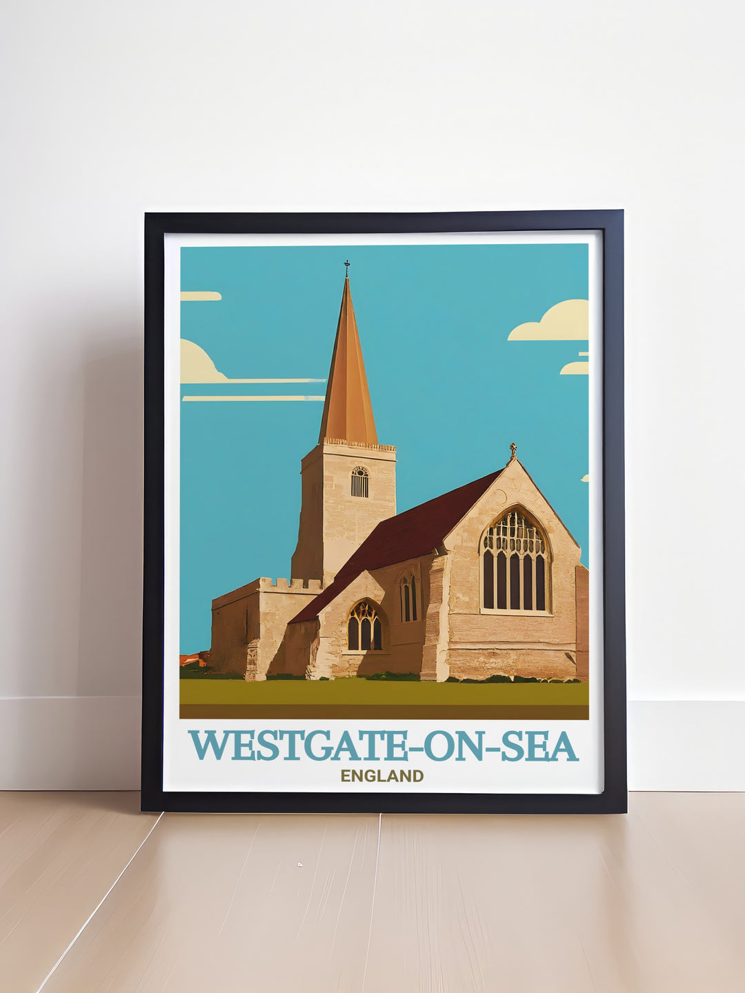 This vintage style Kent travel poster captures the coastal beauty of Westgate on Sea, featuring the renowned St. Saviours Church. Ideal for those who appreciate the history and scenic views of Kent, this poster makes a great addition to your art collection.