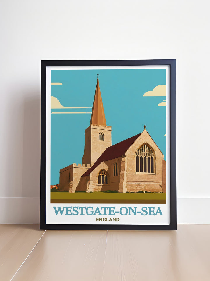 This vintage style Kent travel poster captures the coastal beauty of Westgate on Sea, featuring the renowned St. Saviours Church. Ideal for those who appreciate the history and scenic views of Kent, this poster makes a great addition to your art collection.