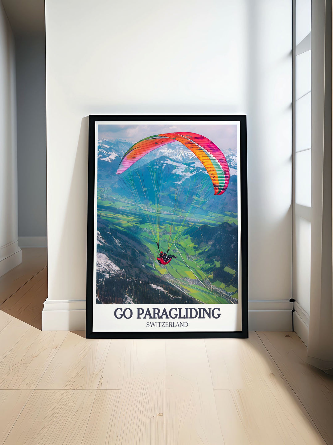 Canvas art showcasing the exhilarating experience of paragliding in the Swiss Alps, highlighting the stunning vistas of Jungfrau and the lush landscapes below.