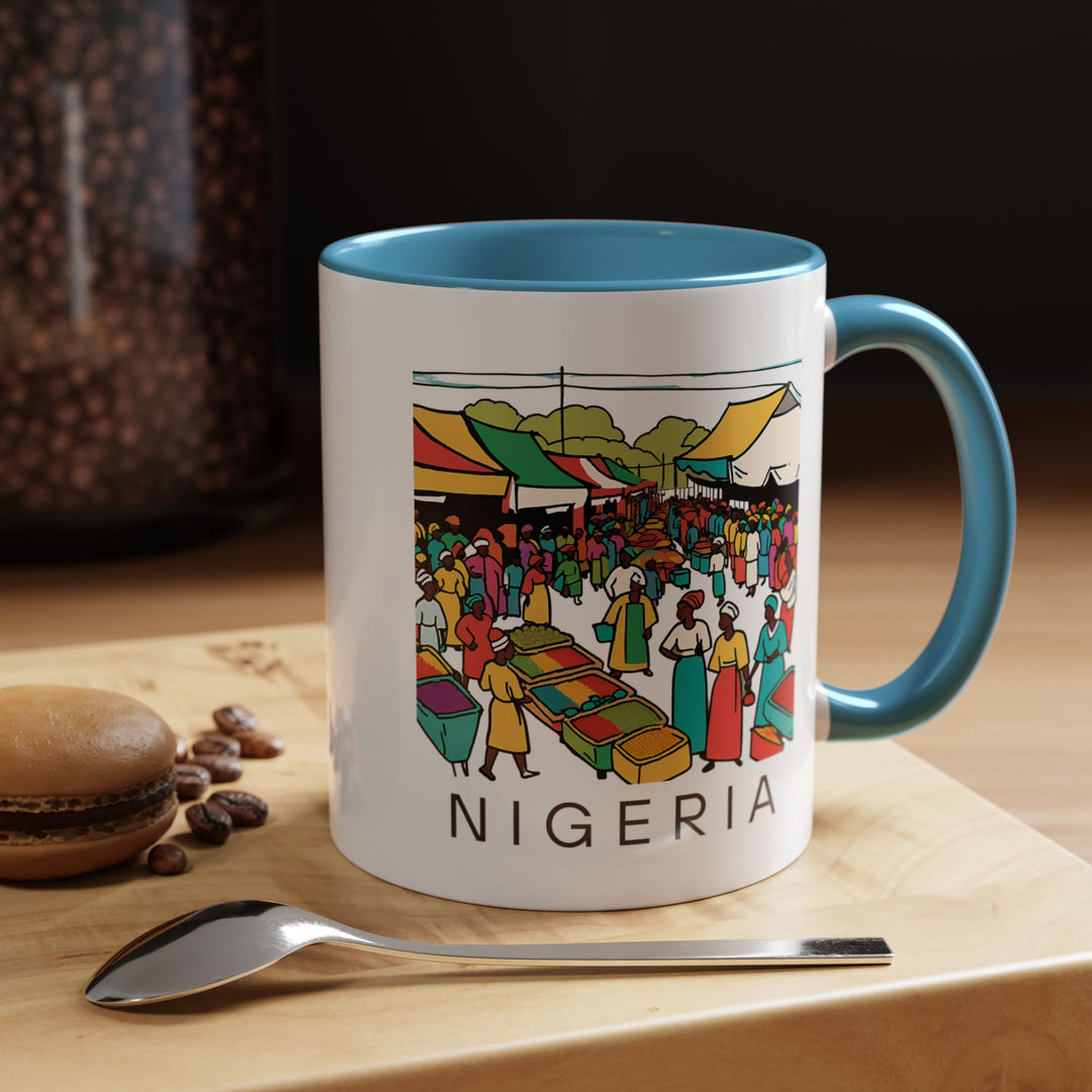 A Nigeria mug designed with colorful artistic details showcasing the charm and beauty of Nigeria. This durable ceramic mug combines style with practicality, offering convenience for everyday use.