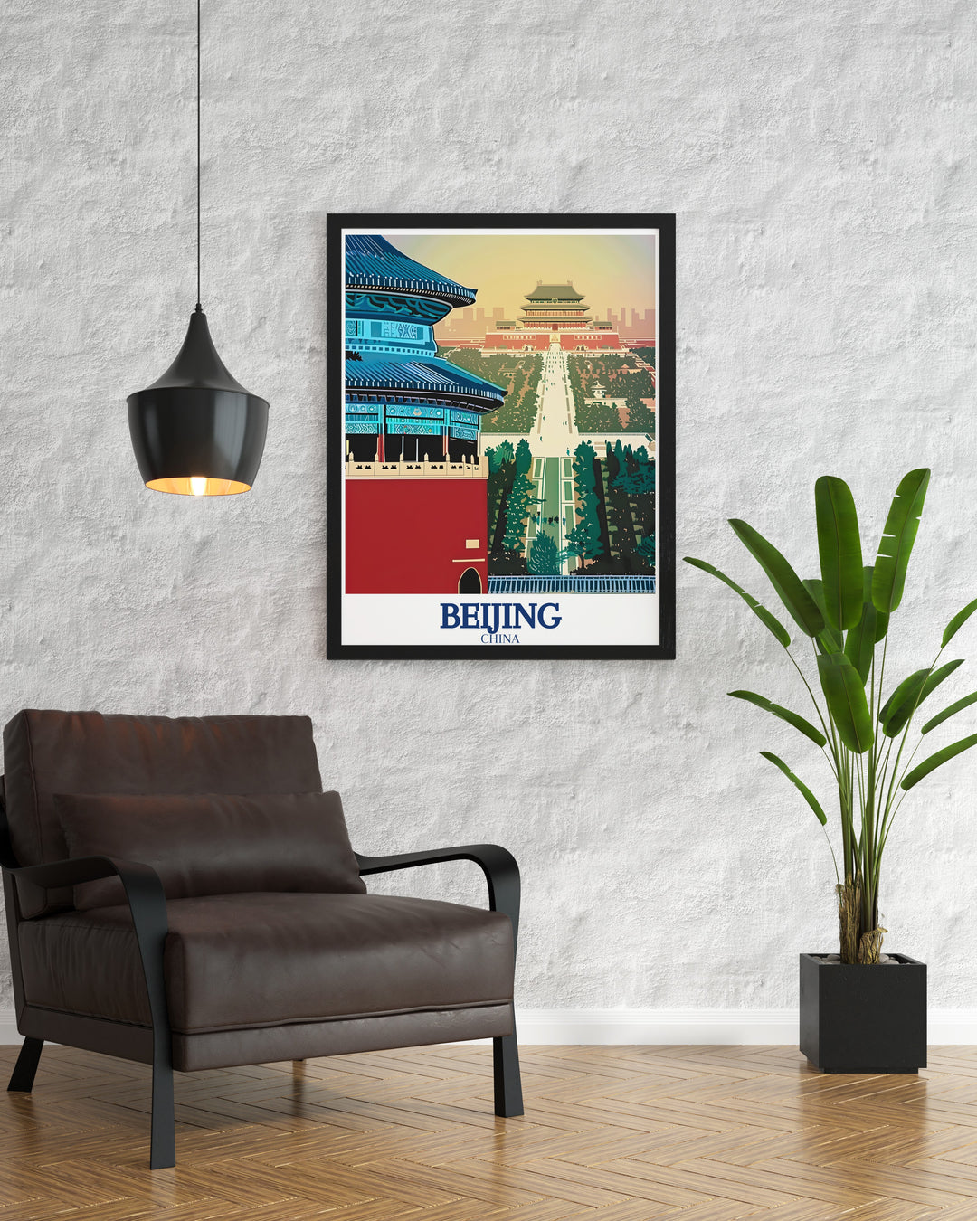 Beijing Travel Poster showcasing the rich cultural heritage and historical landmarks of Chinas capital. This custom print features the Temple of Heaven and Forbidden City, offering a unique glimpse into Beijings past, perfect for travel enthusiasts and art lovers