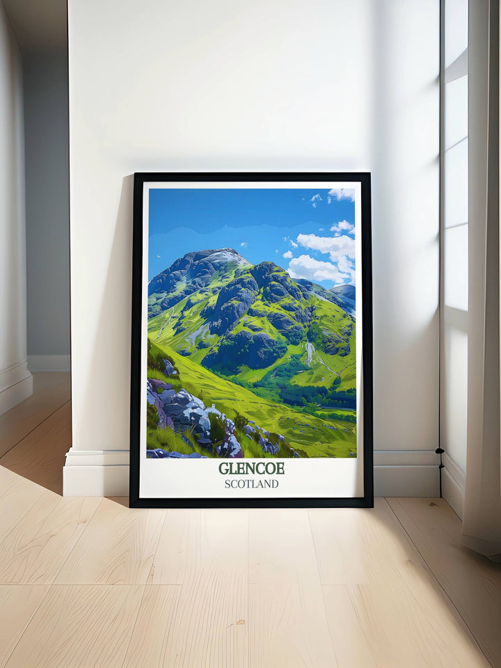 Three Sisters of Glencoe Travel Poster showcasing the majestic peaks of Glencoe Scotland perfect for adding a touch of natural beauty to your home decor ideal for travel enthusiasts and nature lovers beautiful artwork capturing Scotlands dramatic landscapes