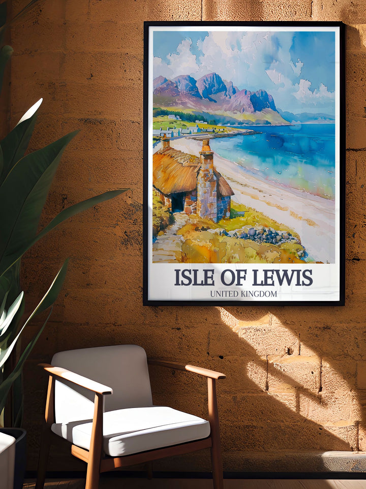 An enchanting poster print capturing the scenic beauty of the Isle of Lewis. This artwork highlights the iconic Gearrannan Blackhouse Village, showcasing its traditional architecture amidst the breathtaking Hebridean landscape.