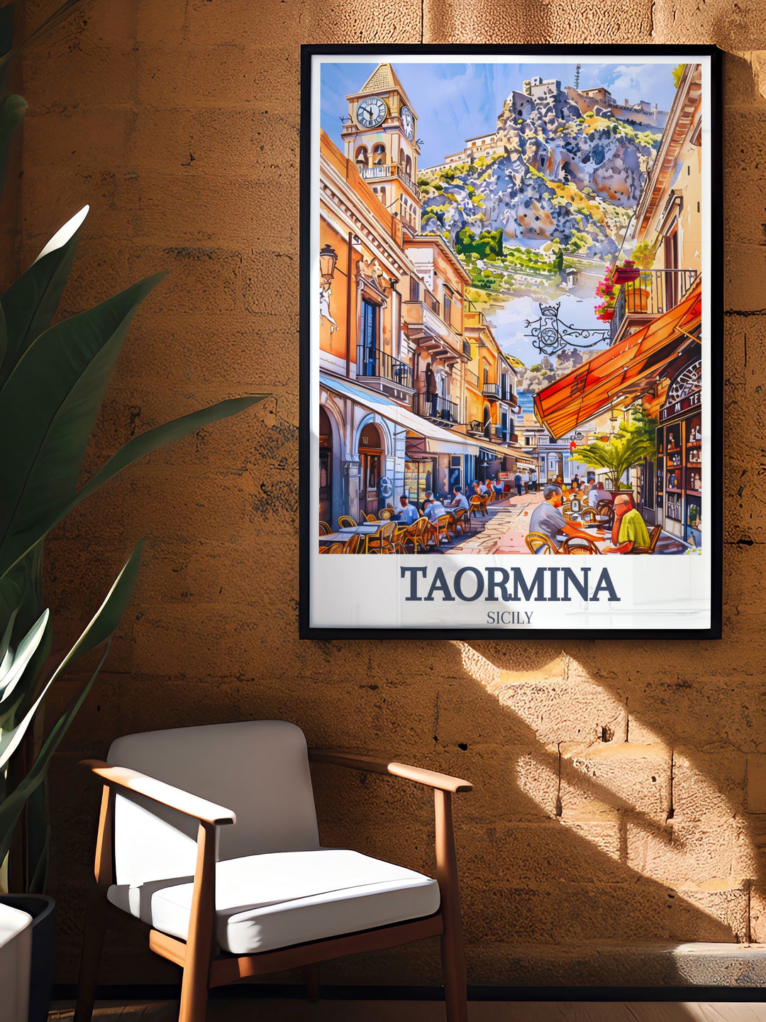 Beautiful Taormina poster featuring Corso Umberto and Piazza IX Aprile. This Italy print brings the charm of Taormina into your living space with its detailed artwork of key landmarks.