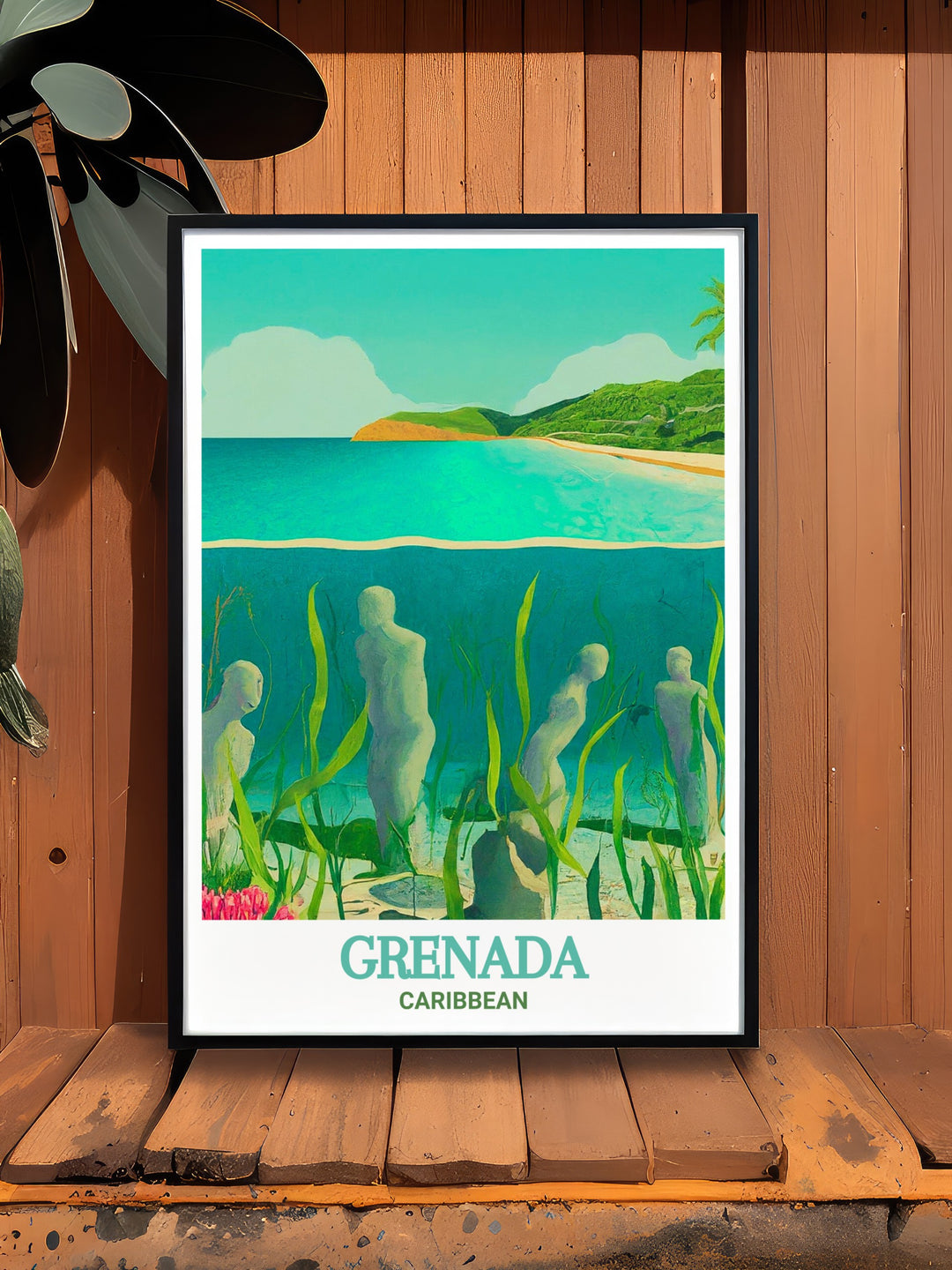 Grenada travel print showcasing the Underwater Sculpture Park with its hauntingly beautiful sculptures and turquoise waters. Ideal for home decor and special gifts. Add a touch of wonder to your living space with this exquisite art piece.