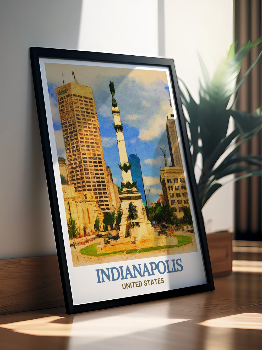 Indianapolis travel poster showcasing Monument Circle and the skyline. Ideal for adding a piece of the citys charm to your home. The vibrant colors and fine details make this artwork a stunning addition to any room.