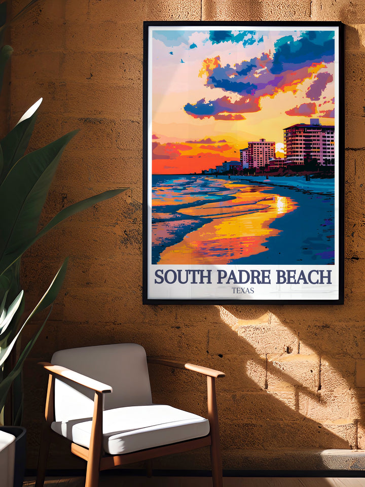 South Padre Island art print featuring the calm waters and serene beaches of the Gulf of Mexico. Perfect for home decor or as a gift for those who love the sea, this poster captures the tranquil beauty of one of Texass most famous beach destinations.