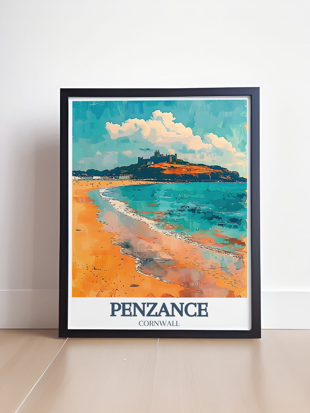 Artistic depiction of Porthleven Harbour in a Vintage Travel Print highlighting the beauty of Mount Bay St Michaels Mount an ideal piece for adding charm and sophistication to your home with a focus on Cornish village life