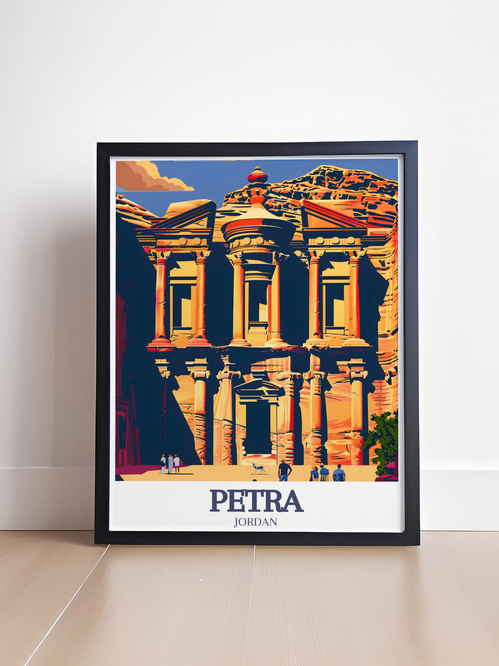 Petra Travel Poster showcasing the majestic Ad Deir Monastery with the Siq leading the way to this iconic structure. This framed art brings the history and beauty of Jordans most famous landmark into your home, perfect for any traveler or history lover.