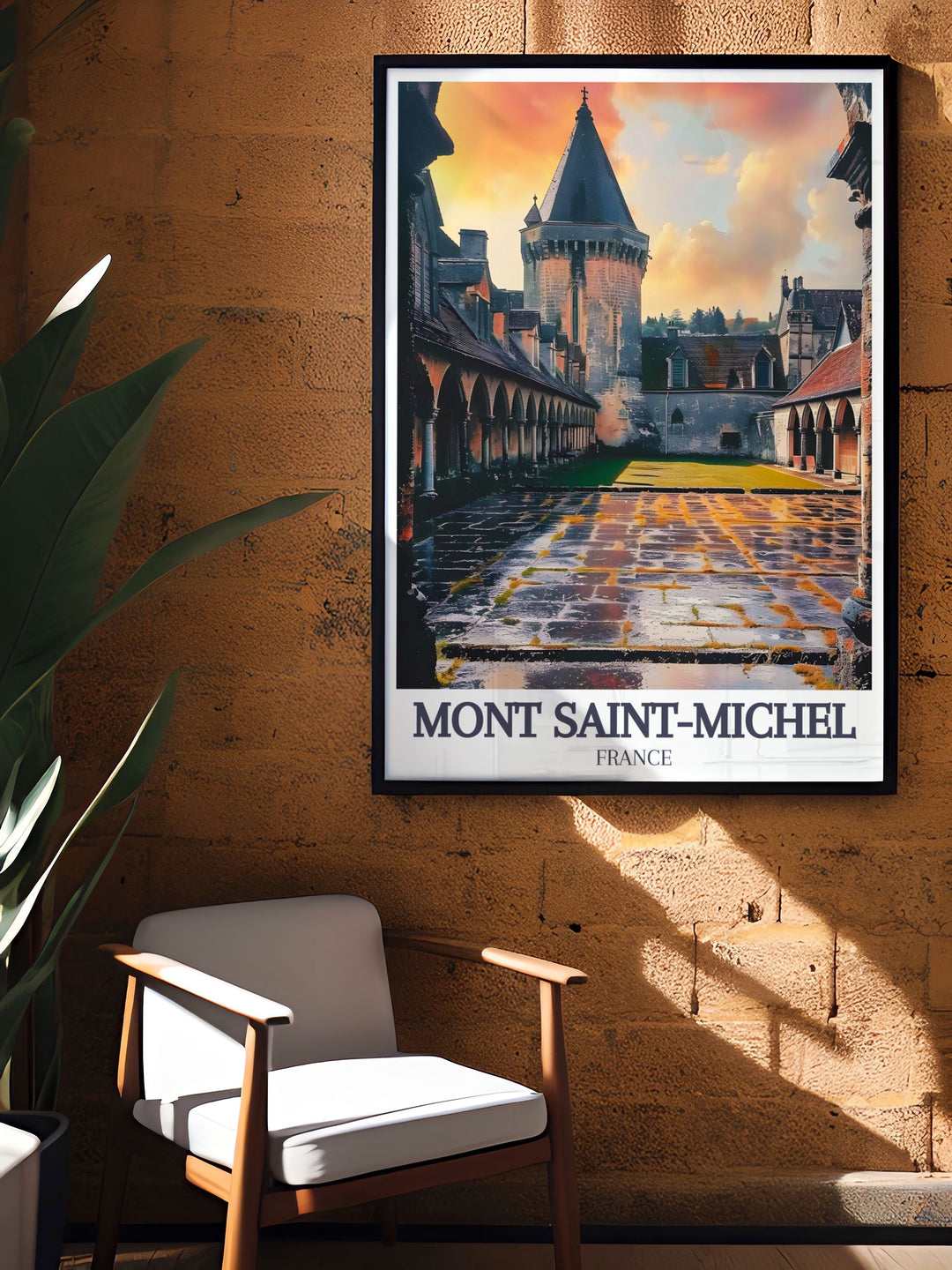 Beautiful France poster of Mont Saint Michel and The Abbey Courtyard offering stunning visuals and intricate details for a perfect addition to your home decor and travel prints collection.