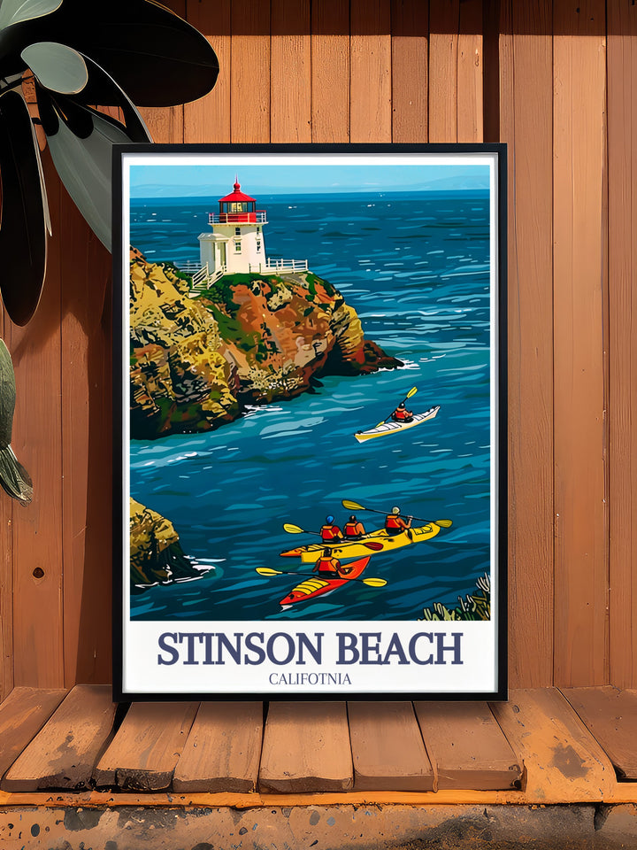 The travel print of Stinson Beach and Point Reyes Lighthouse showcases the timeless charm of Californias coastline. With vibrant colors and intricate details, this piece brings the natural beauty and historical significance of these landmarks to life, making it an excellent choice for beach wall decor.