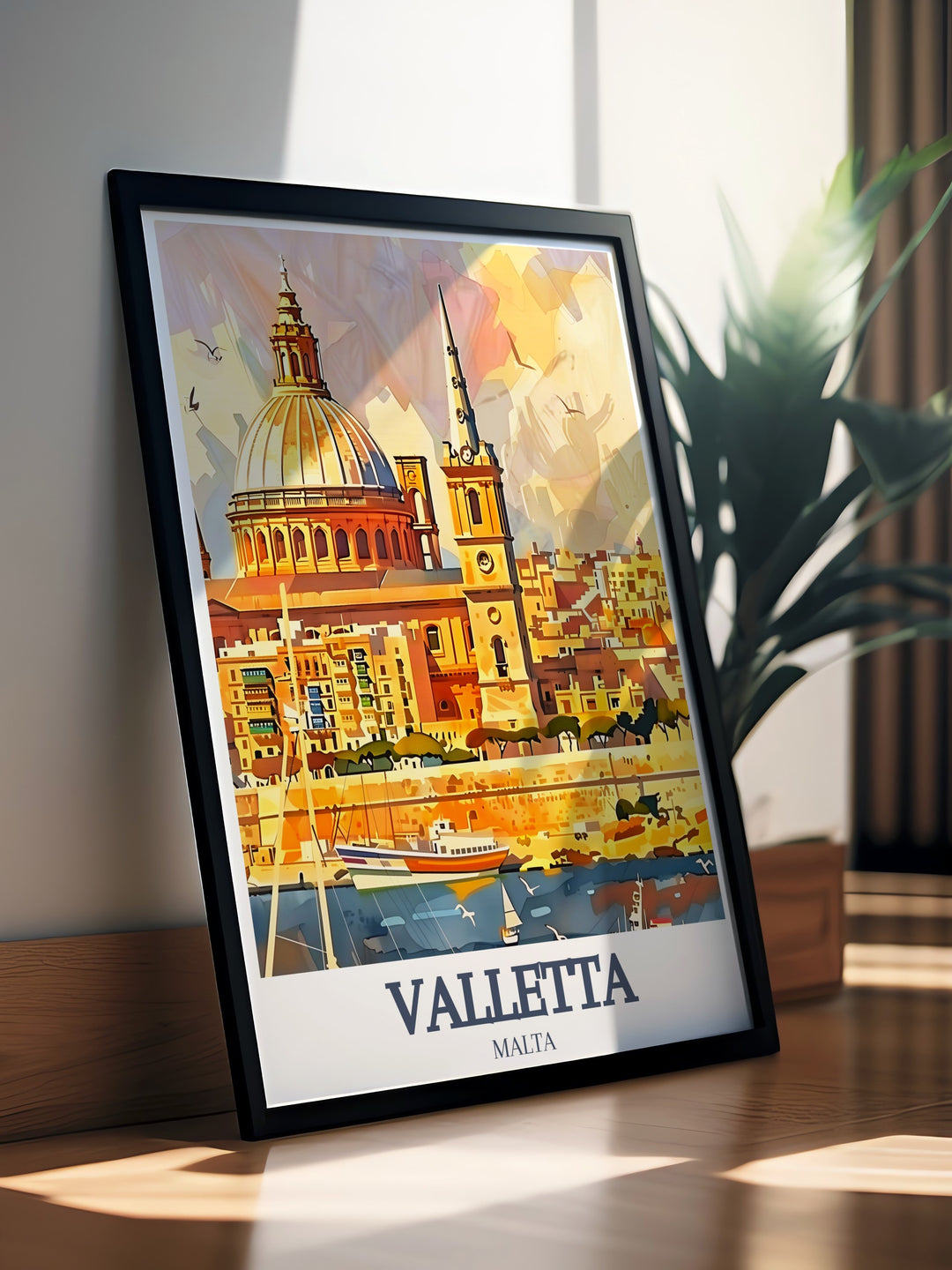 This detailed travel print of Valletta brings together the magnificence of St. Johns Co Cathedral and the scenic Grand Harbour. Its a timeless piece for anyone who appreciates Maltas architectural wonders and historic beauty.