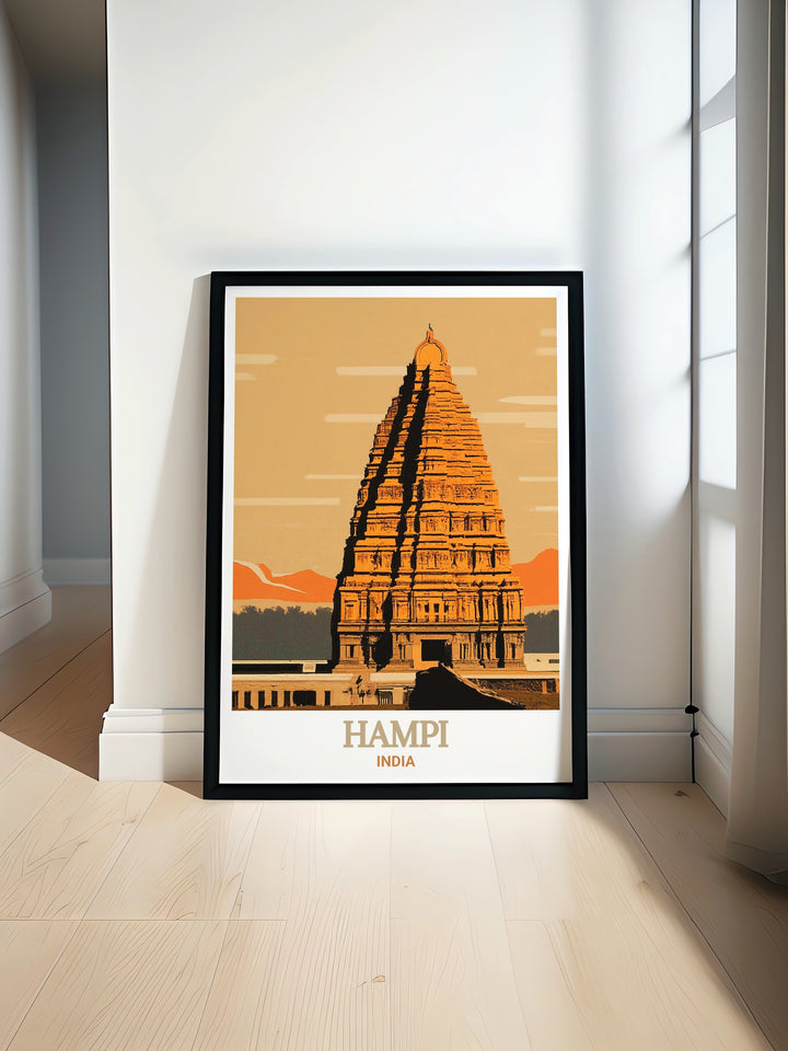 Elegant art print of Hampis Virupaksha Temple, featuring the serene architecture and historical landmarks. This artwork brings the enchanting beauty of Hampi into your home, ideal for those who appreciate cultural and historical art.