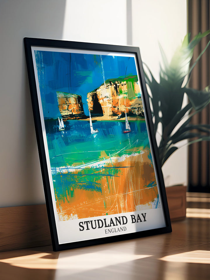 Beautiful England wall art featuring Old Harry Rocks Jurassic Coast and Studland Bay ideal for creating a calming atmosphere in your home. Perfect as a travel gift this print showcases the stunning landscapes of Englands most iconic coastlines.