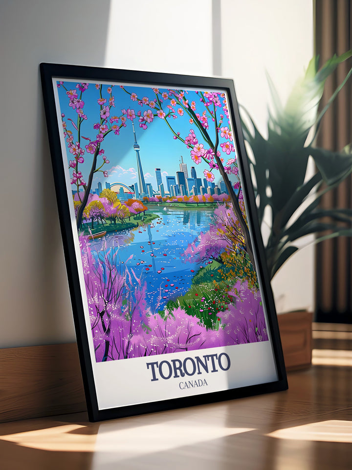 This Toronto poster print showcases the CN Tower and the beauty of High Park, offering a striking view of the citys skyline and natural landscapes. Perfect for art lovers and travelers, this framed print brings a touch of Torontos charm into any room.