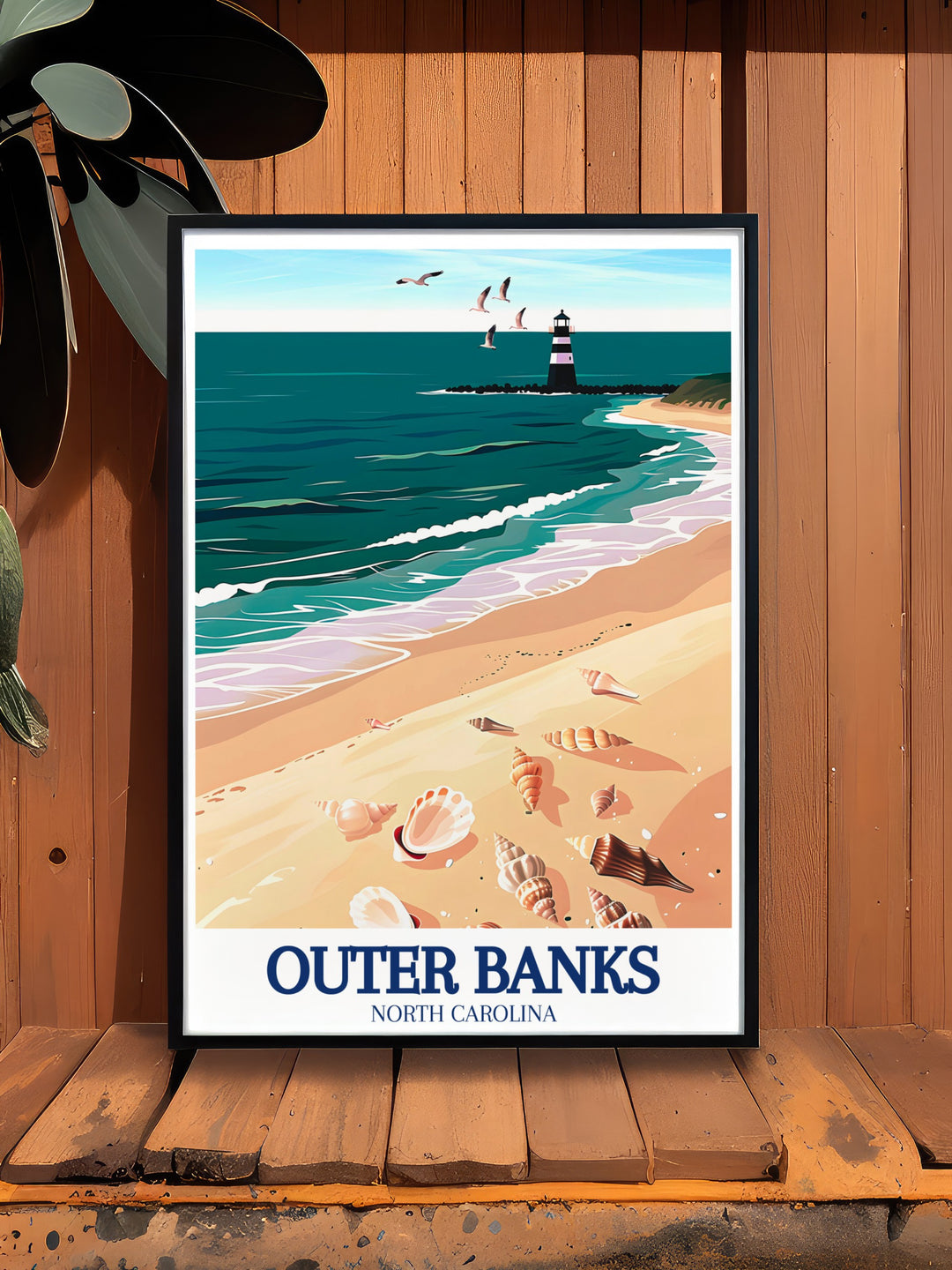 Outer Banks Wall Poster featuring the diverse and picturesque landscapes of North Carolinas coastline. The poster highlights the sandy beaches, historic sites, and the expansive Atlantic Ocean, making it a great addition to any space that celebrates the beauty of nature and the spirit of adventure.