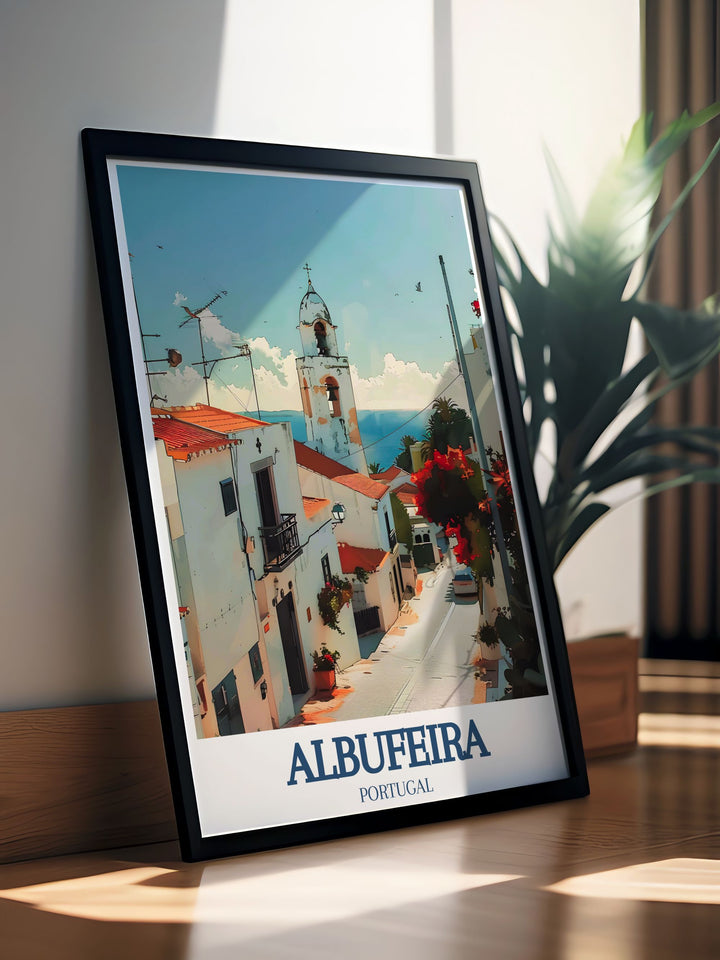 Vintage travel poster of Albufeira, Portugal, highlighting the picturesque St Anna Church, ideal for adding a touch of historic charm to any space.
