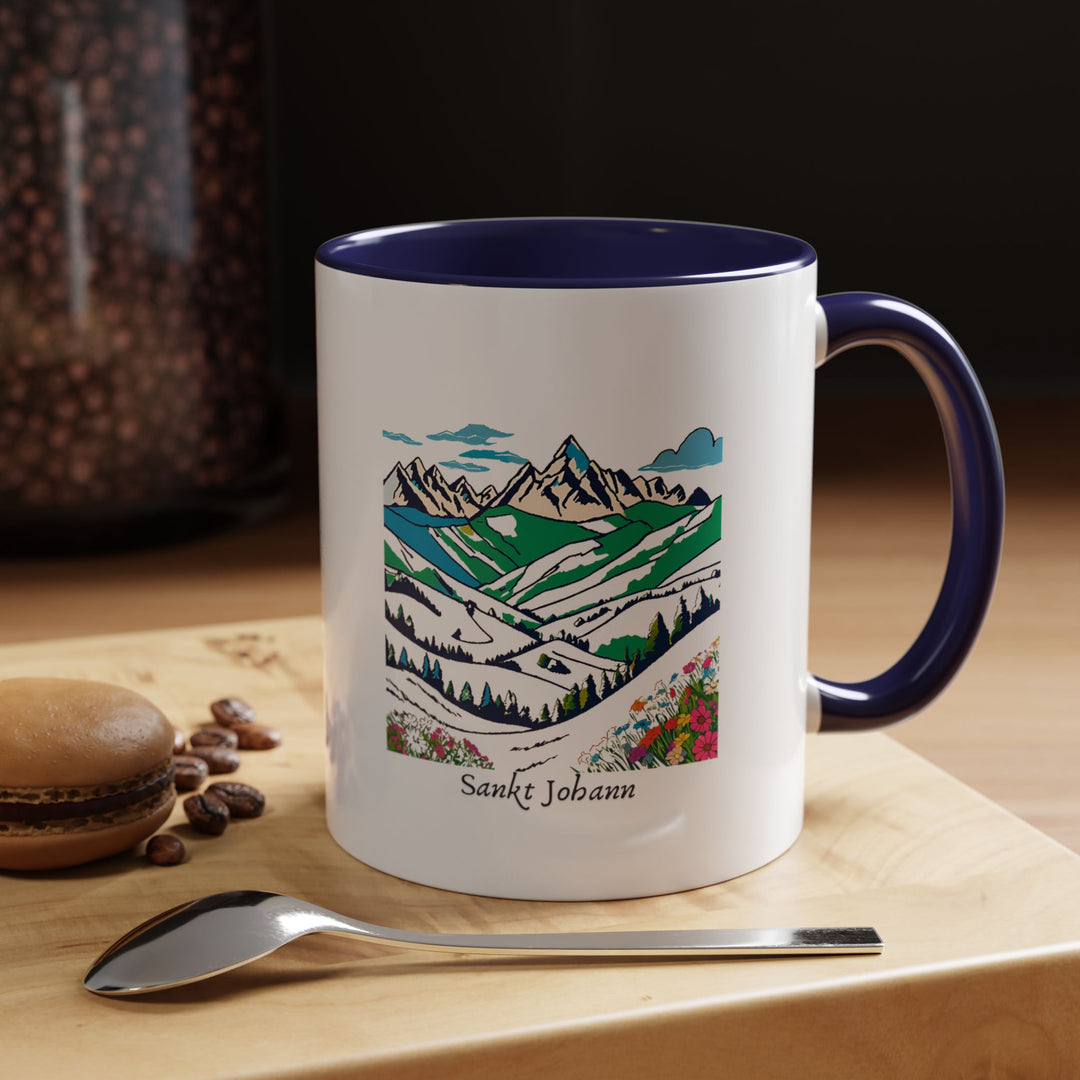 Enjoy your favorite drink in this Sankt Johann Mug featuring artistic depictions of picturesque streets and alpine landscapes. Durable and dishwasher-safe, perfect for coffee or tea lovers seeking Austrian elegance. A meaningful gift for travelers and art enthusiasts.