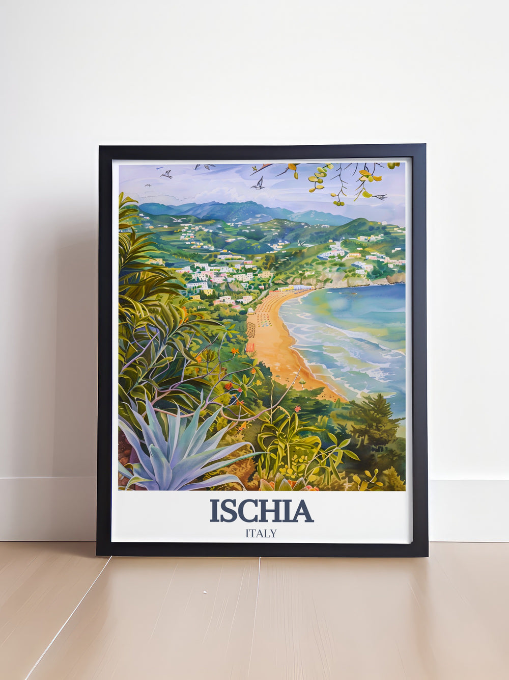 A vibrant poster print of Ischia, showcasing the lush beauty of Ischias Gardens and the serene Maronti Beach. This fine line travel art is perfect for home décor or as a thoughtful gift, capturing the stunning nature and coastline of Italys enchanting island.