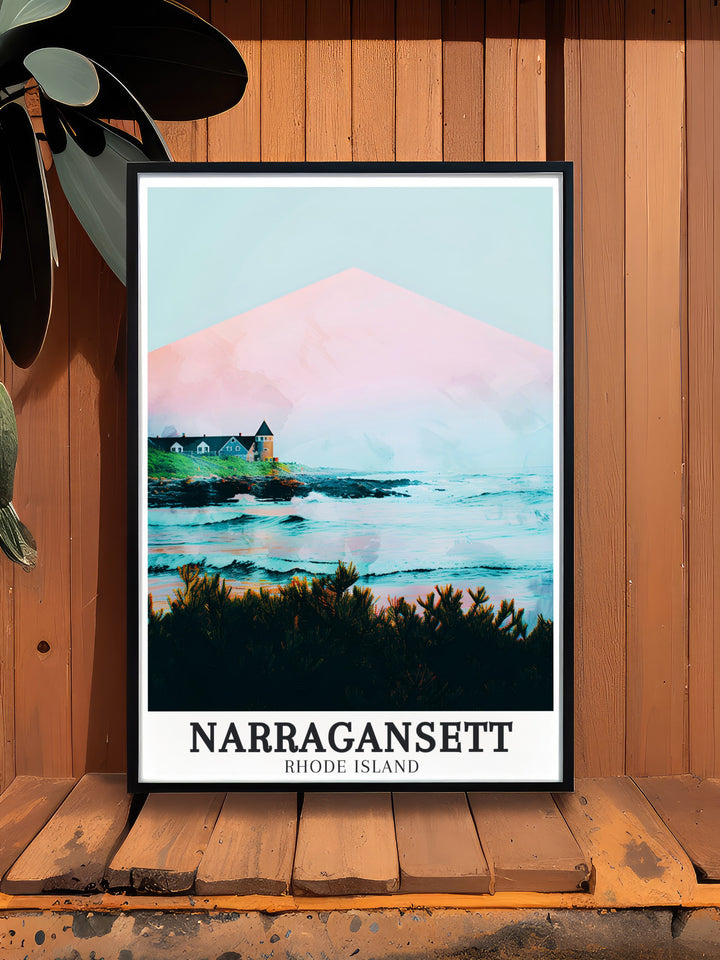 Elegant home decor featuring Narragansett Beach and Narragansett Towers includes vibrant paintings and detailed photos perfect for creating a serene and inviting atmosphere in any room