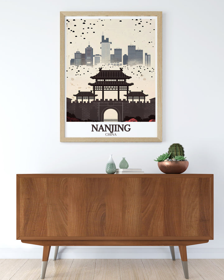 Featuring Nanjings skyline and the imposing Zhonghua Gate, this Travel Poster is a great piece for anyone looking to add a touch of Chinese history and modern design to their space. With intricate details of the gate and a vibrant cityscape, this poster is sure to inspire any viewer.