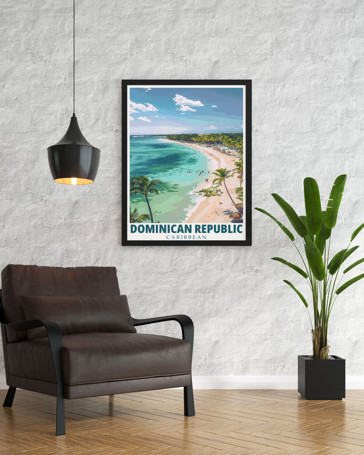 City art print of Punta Cana highlighting the vivid blues of the ocean and rich greens of the tropical foliage ideal for enhancing any home decor