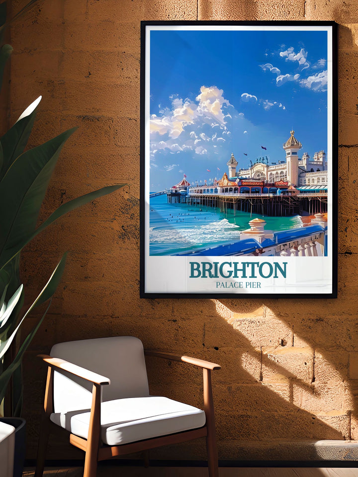 Brighton Palace Pier framed print highlighting the pier and the picturesque English Channel a vintage travel print that brings the charm of Brighton England into your home with detailed artwork.