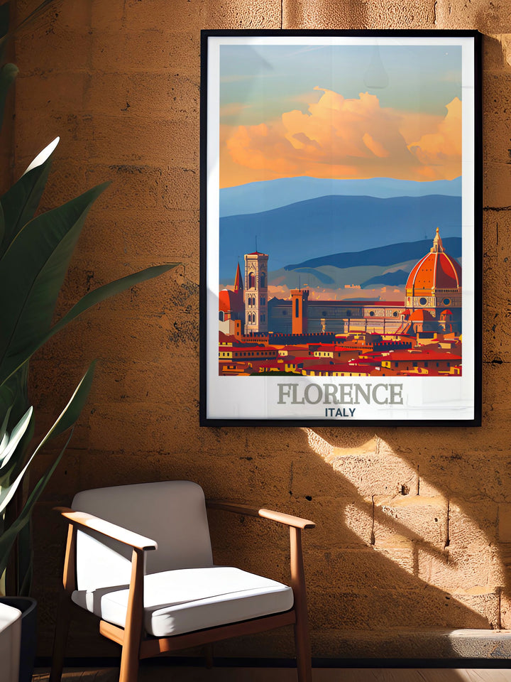 Florence art print featuring the iconic Cathedral of Santa Maria del Fiore adds sophistication to any home. Perfect for those who love travel and Italy this wall art brings the timeless charm of Florence into your home creating a striking piece of Italy decor