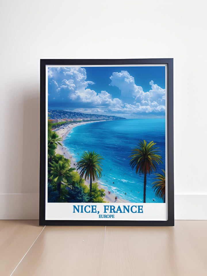 Enhance your living space with this travel poster of Promenade des Anglais, Nice, capturing the picturesque views, bustling markets, and elegant facades along the renowned seafront boulevard.