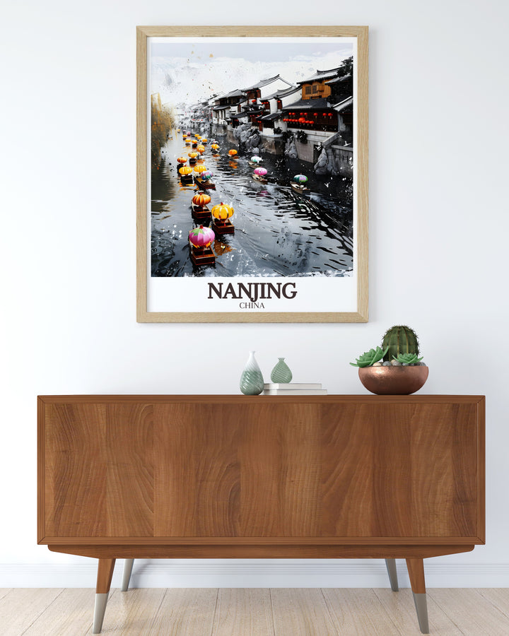 Experience the charm of Nanjing with this Qinhuai River Vintage Poster. The detailed artwork highlights the rivers role in Chinese history while offering a modern, minimalist design that suits any interior. Its an excellent choice for those looking to incorporate Asian art into their home or office.