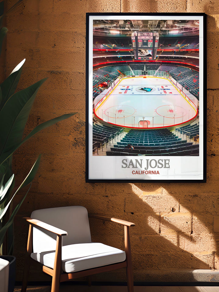 Wall art featuring SAP Centers vibrant facade and bustling atmosphere, a tribute to the stylish and lively character of San Joses cultural hub. Ideal for creating a chic and contemporary ambiance in your home.