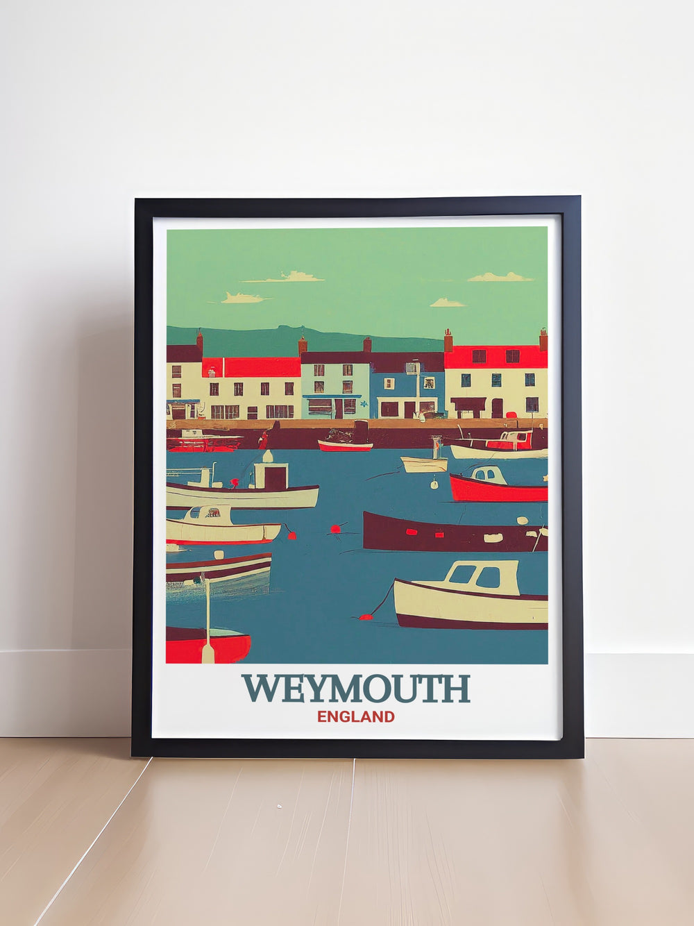 Weymouth Harbour wall decor featuring a vibrant illustration of the harbour and its surroundings. This print captures the essence of a day at Weymouth Harbour, making it a perfect gift for anyone who loves the seaside.