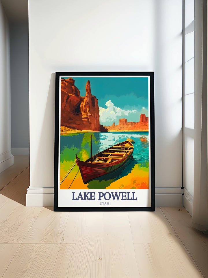 Lake Powells Glen Canyon and Padre Bay come to life in this vintage inspired travel poster. Perfect for anyone looking to bring a touch of the Southwests natural beauty into their living space.