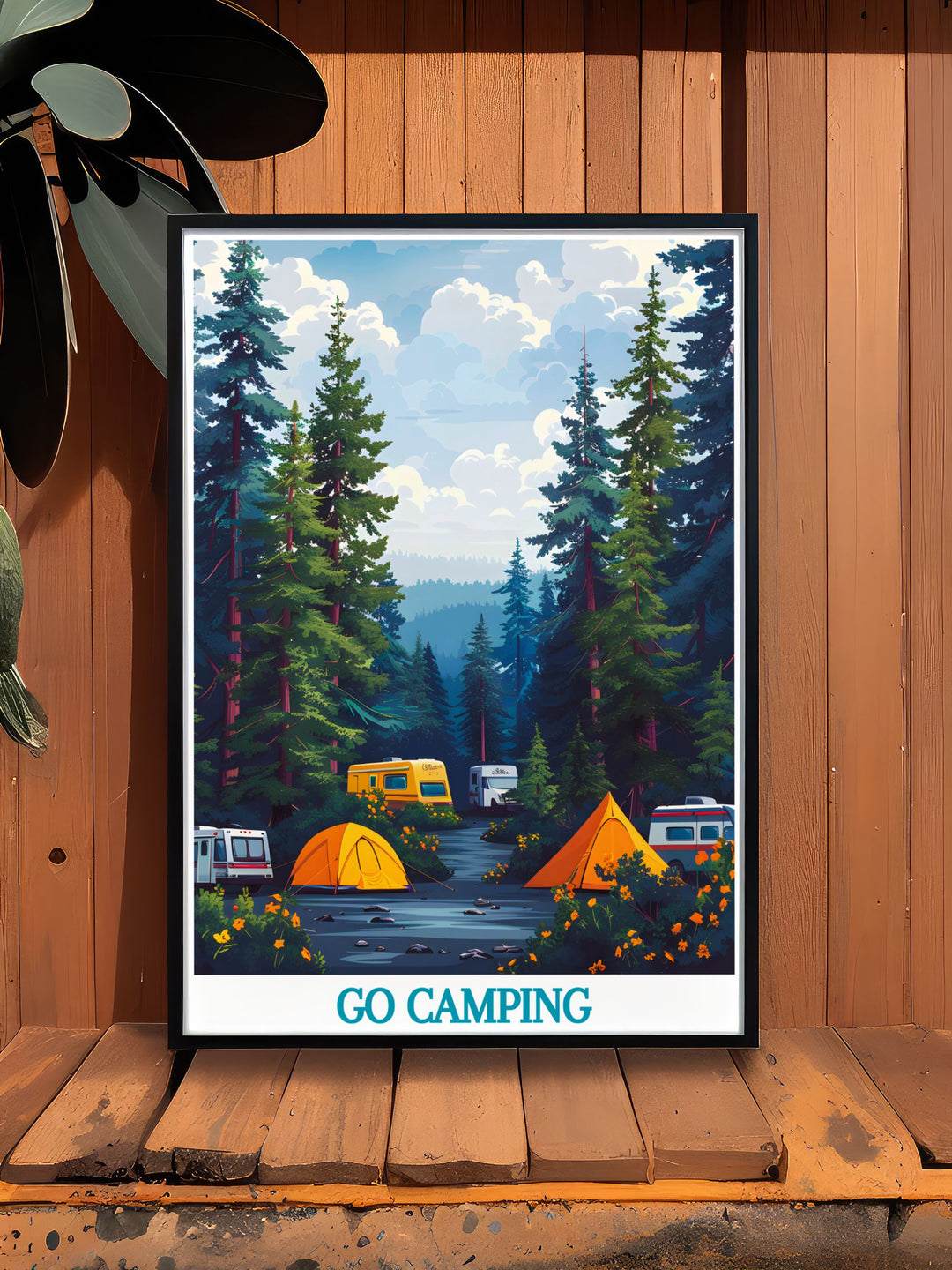 Home decor print featuring a vintage camper van in a forest setting, showcasing the scenic beauty and peaceful retreat of camping, a wonderful addition for any room.