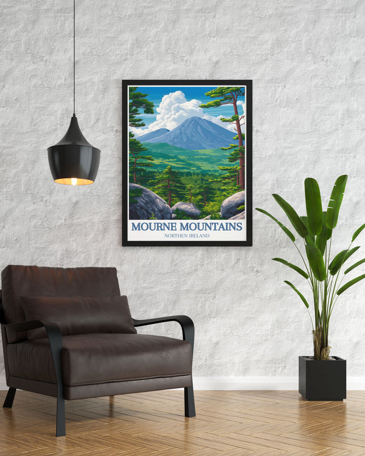 Featuring the scenic views of the Mourne Mountains, this poster offers a visual representation of one of Irelands most beautiful natural landmarks, ideal for those who cherish outdoor adventures.