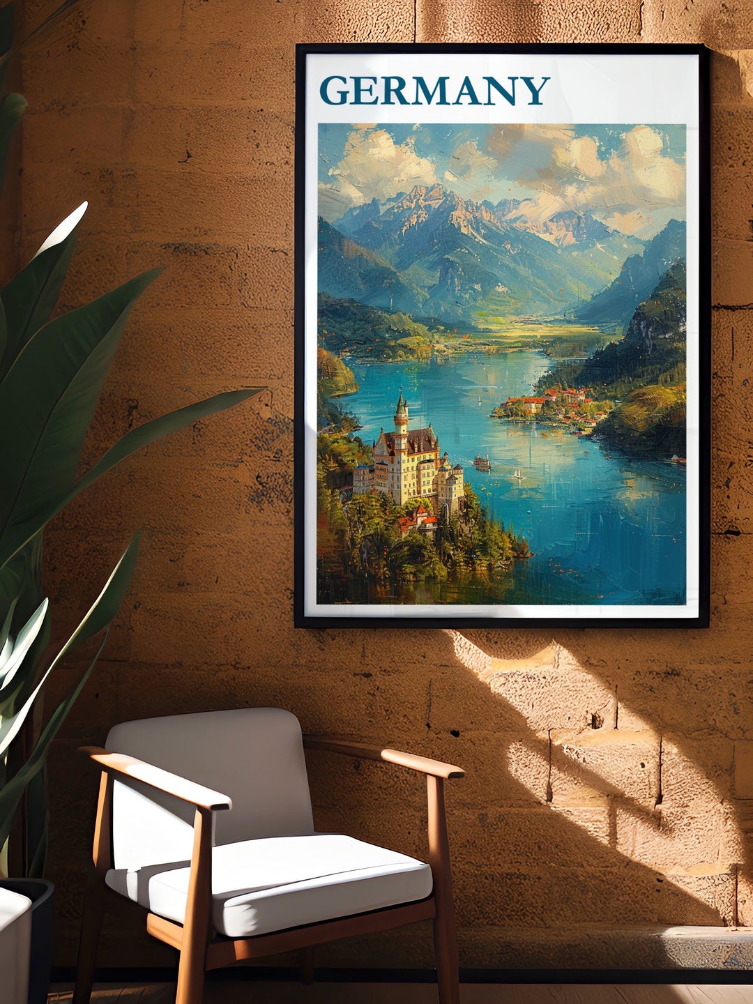 This Neuschwanstein Castle print, paired with Berlins iconic skyline, captures the essence of Germanys past and present. A beautiful travel poster for art lovers and wanderers alike.