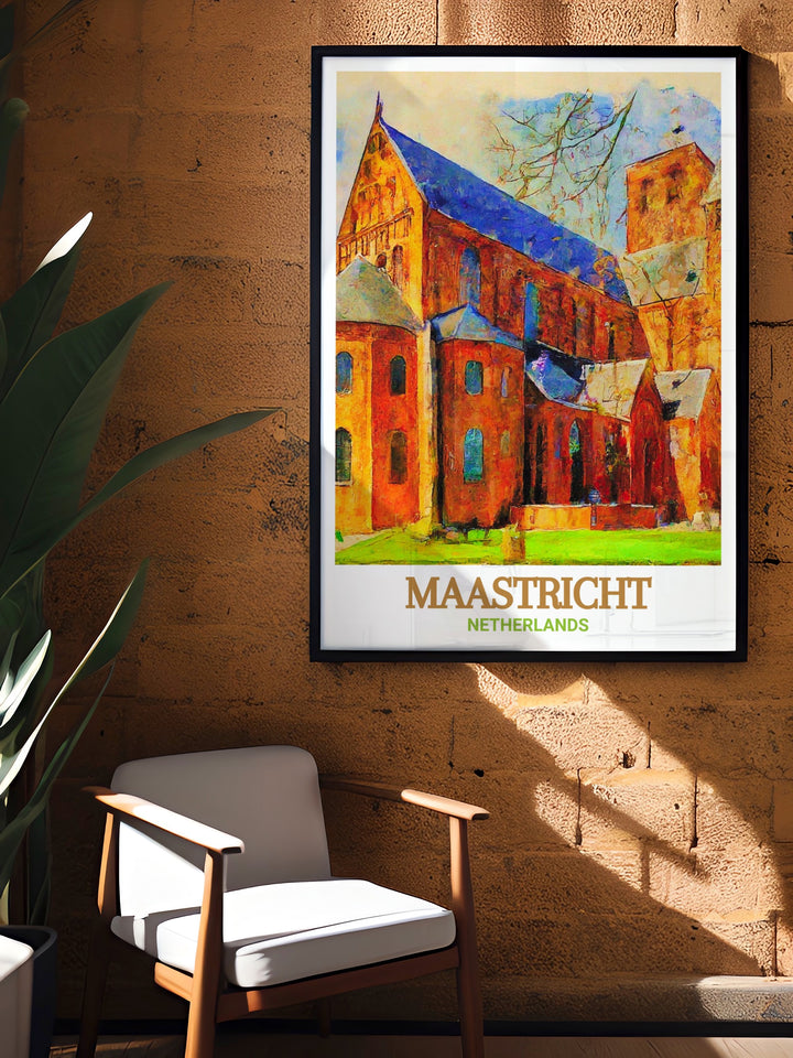 Netherlands Wall Print featuring the Basilica of Saint Servatius in Maastricht. This vintage style poster is a charming addition to any home decor, offering a glimpse into the architectural brilliance of one of the Netherlands most beloved landmarks. The print is perfect for art lovers and travelers alike, making it a thoughtful Netherlands Gift