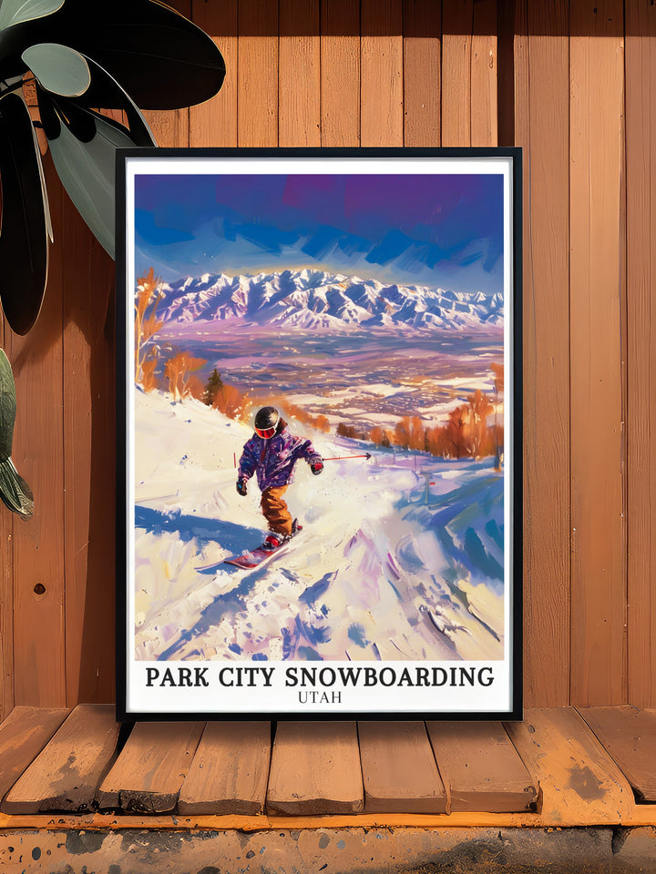 Wasatch Range snowboarding prints. Featuring the iconic slopes and breathtaking landscapes of Park City Mountain Resort, this art collection is perfect for winter sports fans and art lovers.