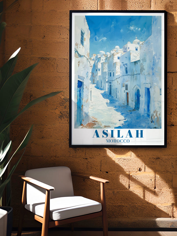 A vintage inspired Morocco poster highlighting the charm of the Medina of Asilah, known for its artistic walls and Mediterranean setting. This print captures the towns history and artistic heritage, making it a great addition to any travel inspired decor.