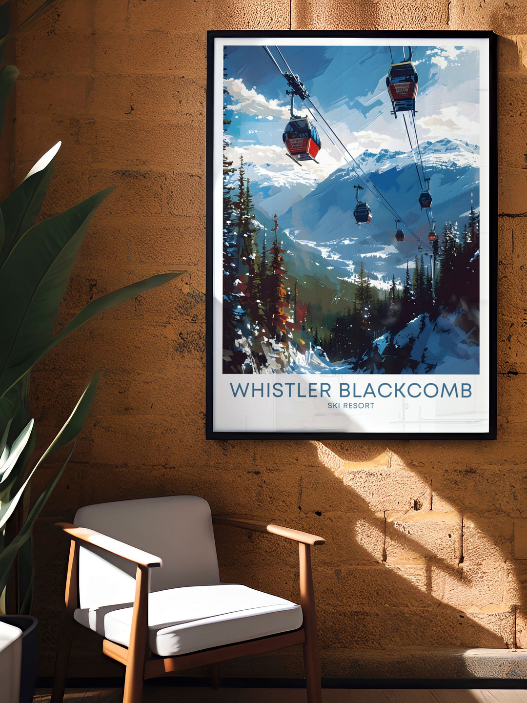 Detailed Peak 2 Peak Gondola prints showcasing Whistler Blackcomb ski resort, ideal for home decor and gifts, capturing the magic of skiing and snowboarding in Whistler Canada with vibrant and detailed artwork.