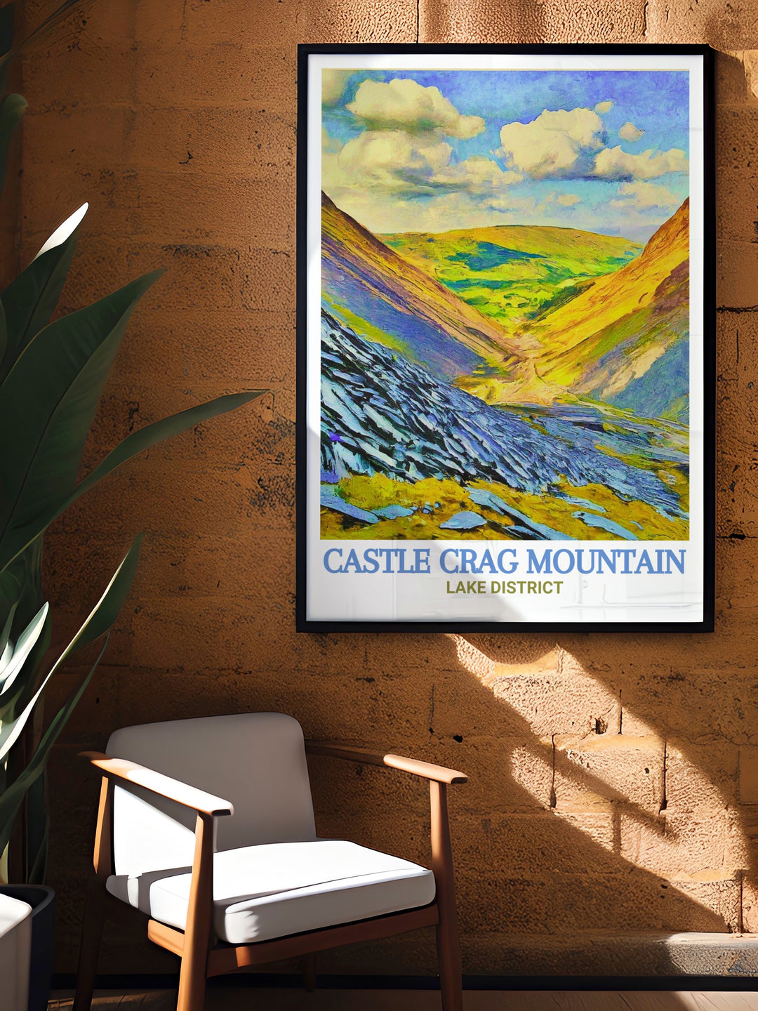 Castle Crag Mountain travel poster showcases the rugged landscapes of Cumbrias Lake District, blending history and nature in this stunning depiction of the region.