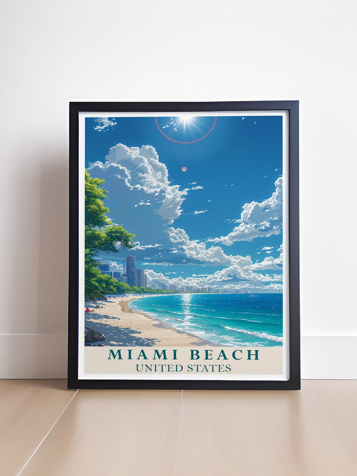 Miami beach Modern Art highlighting the picturesque scenery of Miami Beach ideal for those looking to add a piece of Florida Art Poster to their collection a beautiful representation of the citys allure.