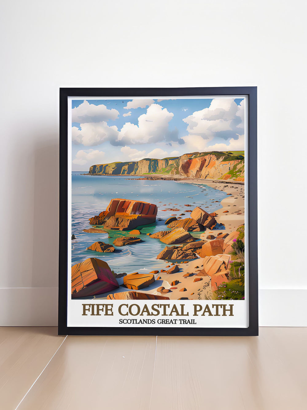 This Scotland travel poster features the stunning Fife Coastal Path and its picturesque surroundings, making it an ideal piece for those who love exploring Scotlands natural landscapes.