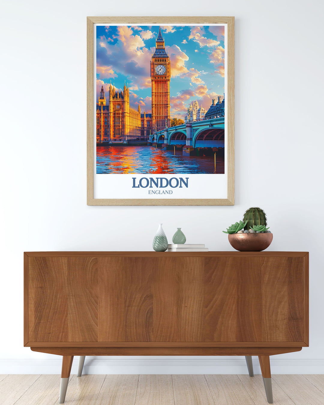 Big Ben and London Bridge modern art print offering a beautiful and detailed view of Londons architectural landmarks. This stunning piece of wall art adds elegance and charm to any home decor with its vibrant depiction.