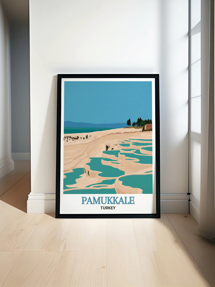 Experience the serene beauty of Pamukkale with this detailed art print, highlighting the intricate patterns of the terraces and the calm waters that fill them. The artwork brings the otherworldly charm of Pamukkale into your home.