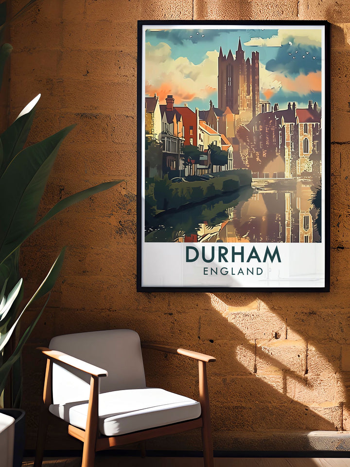 This art print showcases Durhams iconic skyline, dominated by the majestic Durham Cathedral, perfect for enhancing any home or office decor.