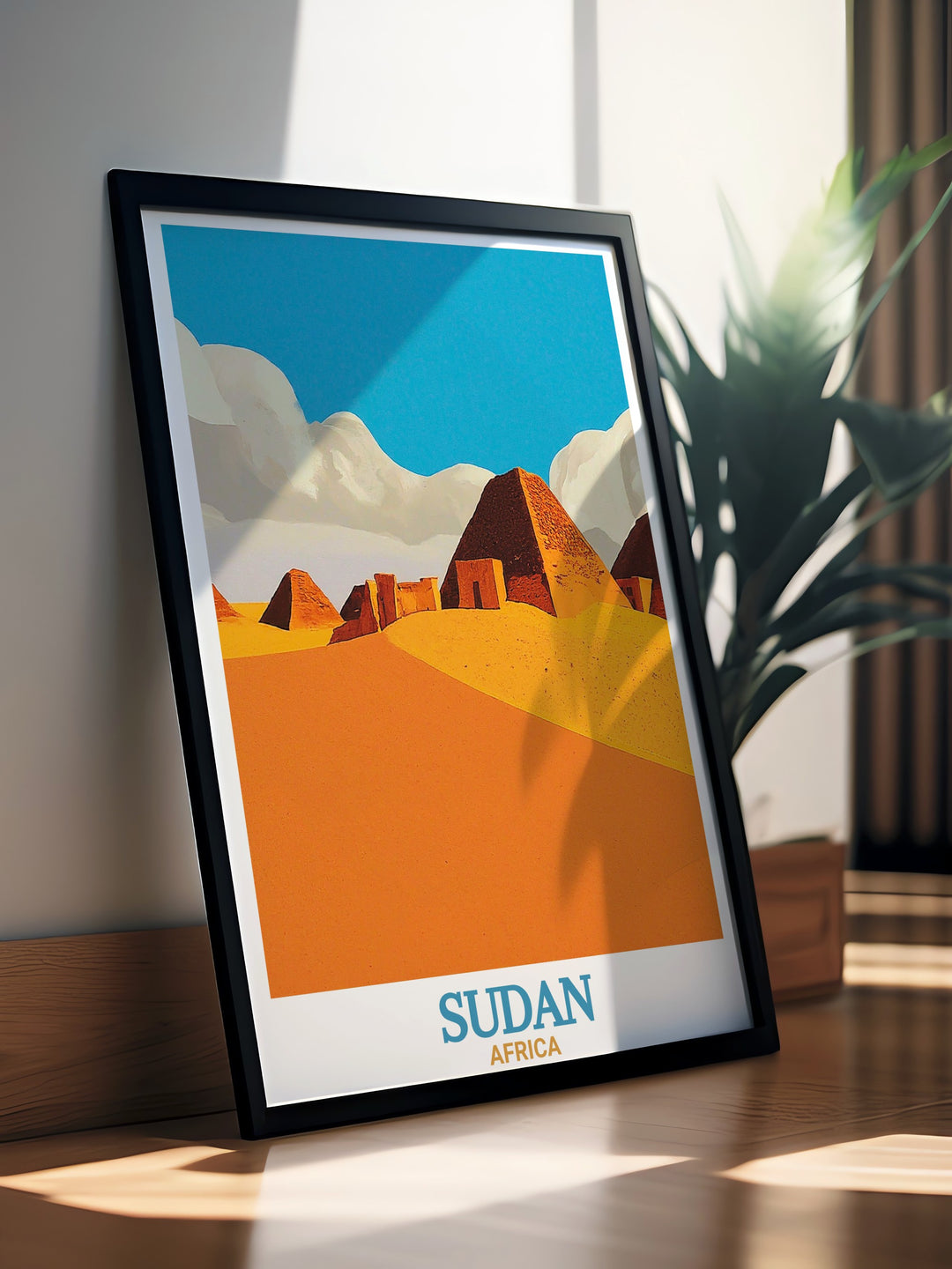 Khartoum Travel Poster Print highlighting the lively streets and cultural heritage of Khartoum with Meroe Pyramids in the background. Great for personalized gifts and elegant home decor. Perfect for any special occasion.